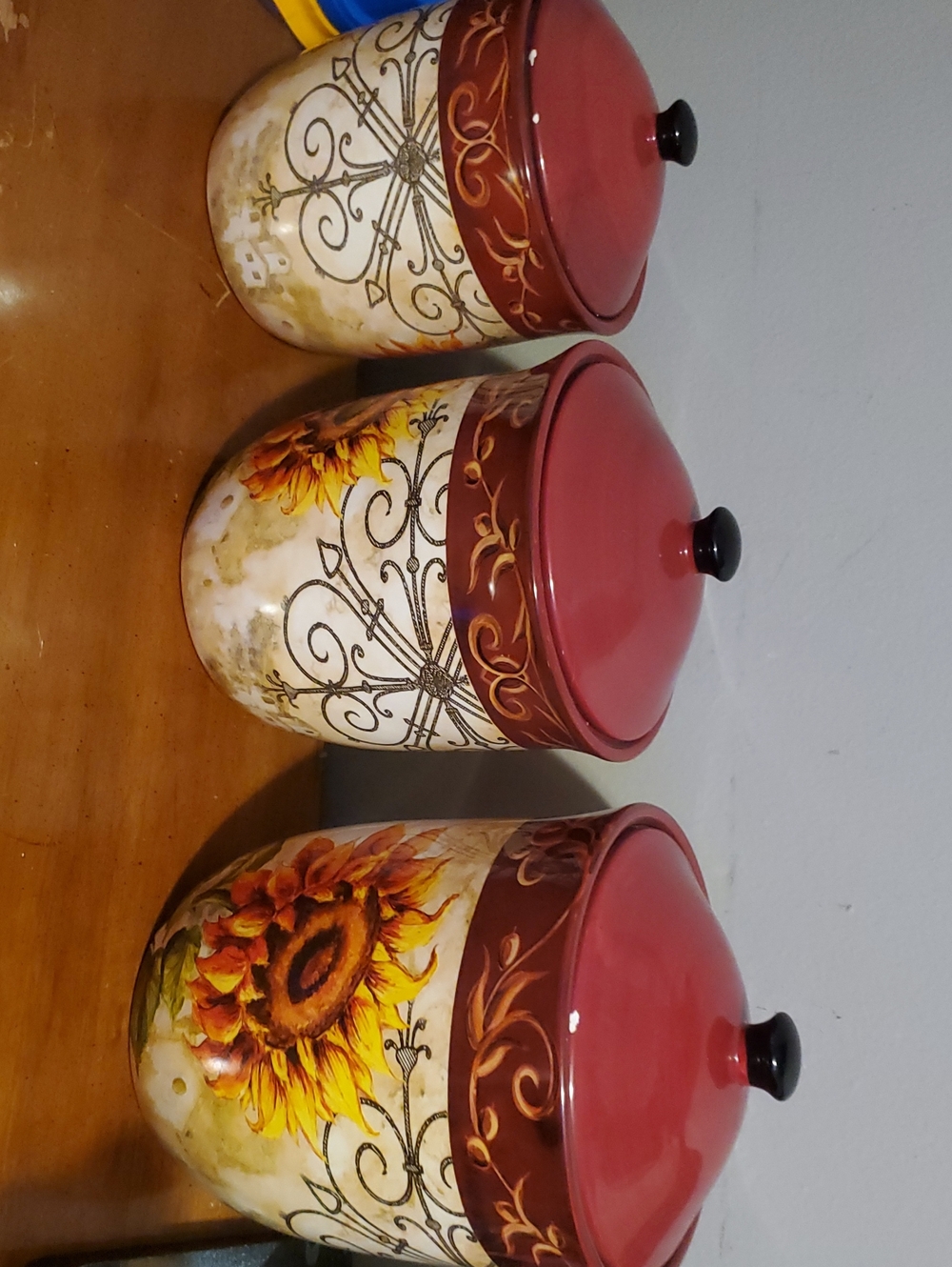Sunflower Ceramic Canister Set with Red Lids (Seals With Plastic ring)